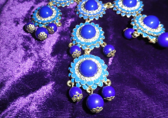 Unique Enamel Blue Coin Rhinestone Bib Jewelry Se… - image 2