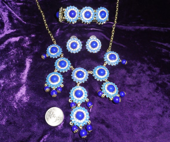 Unique Enamel Blue Coin Rhinestone Bib Jewelry Se… - image 3