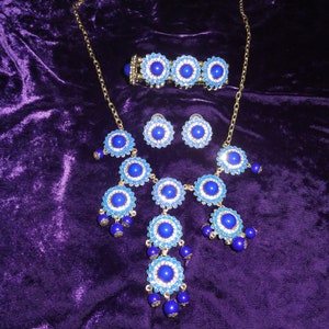 Unique Enamel Blue Coin Rhinestone Bib Jewelry Set Necklace Stretch Bracelet and Button Post Earrings Gold Tone Vintage Cobalt