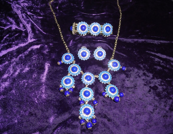 Unique Enamel Blue Coin Rhinestone Bib Jewelry Se… - image 1