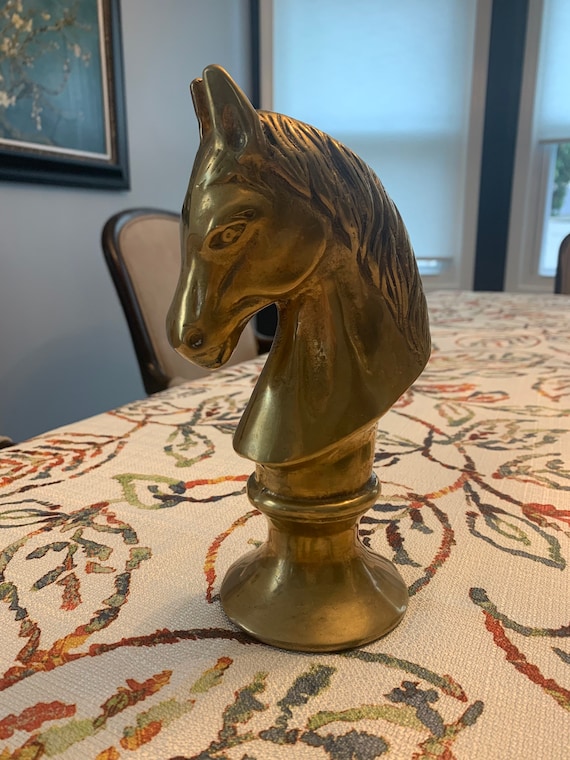 Vintage Brass Horse Head Bust Knight Chess Piece Statue Heavy