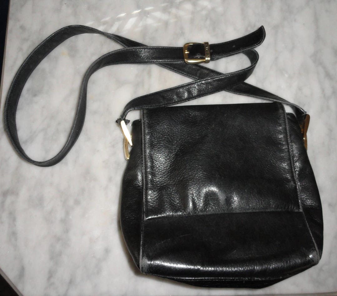 Vintage Black Leather Perlina New York Flap Over Shoulder Handbag Purse ...