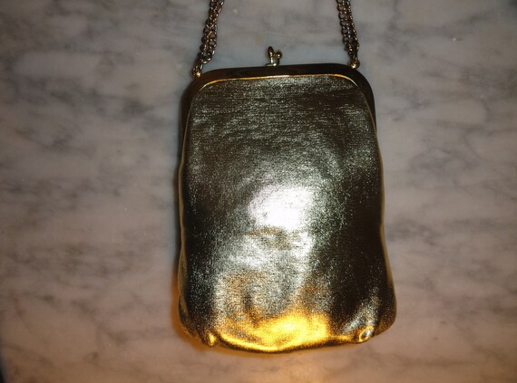 Vintage Gold Metallic Kisslock Scrollwork Handbag… - image 3