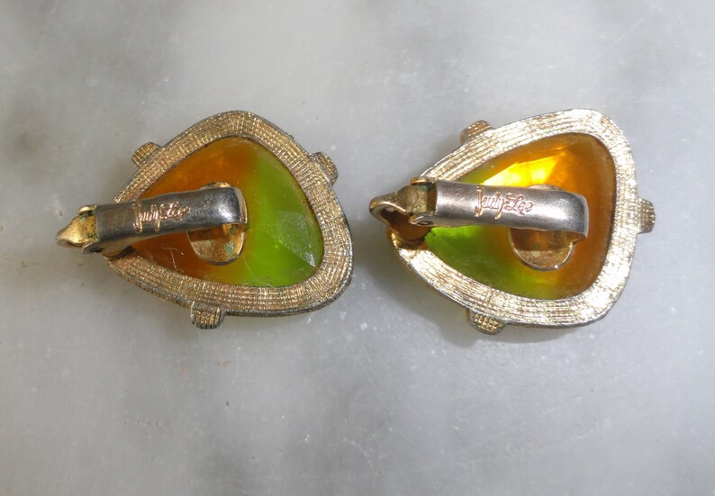 Vintage Collectible Signed Judy Lee Triangle Orange and Green Stone Clip On Earrings Mod Retro SHIPS FREE Irish Ireland