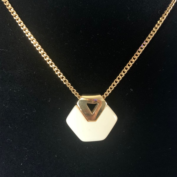 Vintage 1978 Givenchy Cream And Gold Tone Hexagon Pendant Necklace Retro Dainty Jewelry