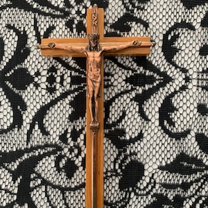 Vintage Wooden and Copper Crucifix Jesus on the Cross Catholic Religious Christian Wall Decor Prayer