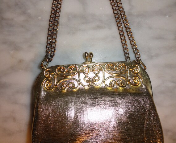 Vintage Gold Metallic Kisslock Scrollwork Handbag… - image 2