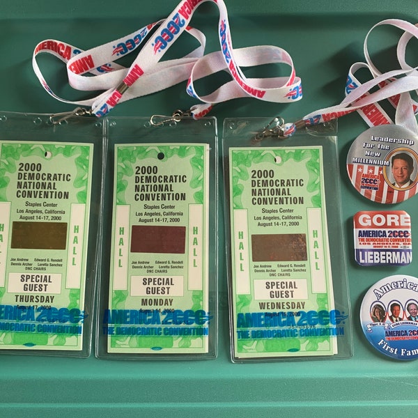 Set of Vintage  Special Guest Passes Buttons 2000 Democratic National Convention Visitors Guide Gore Lieberman Retro Political Collectible