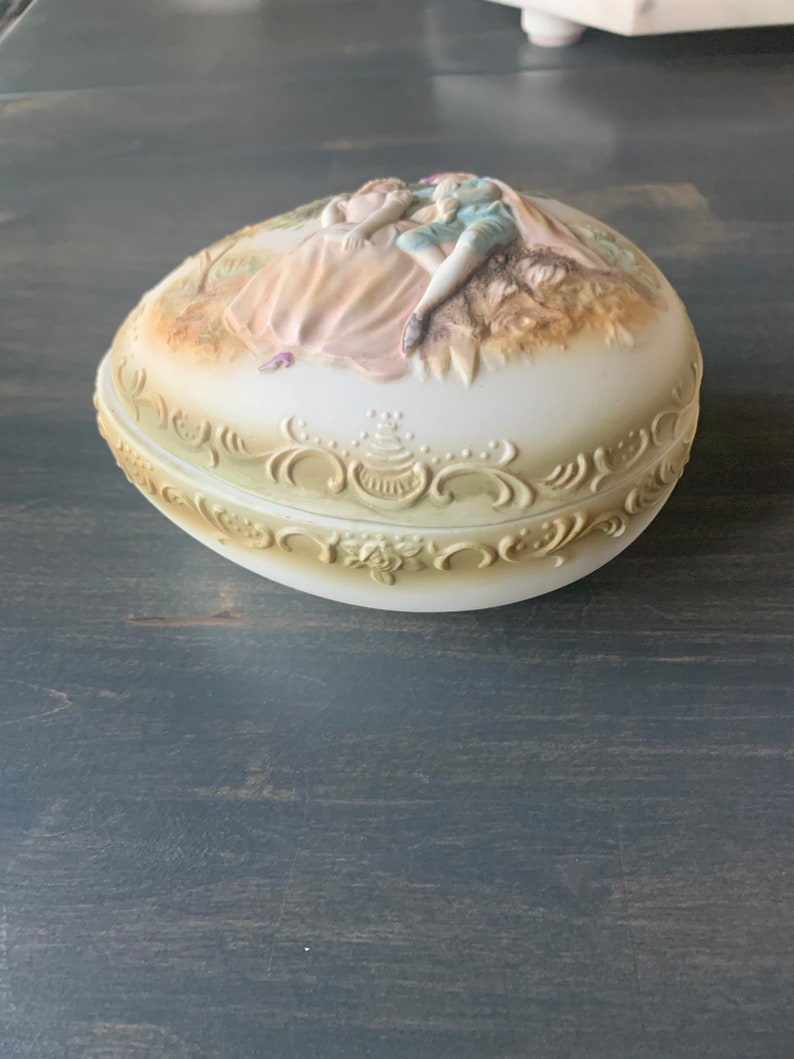 Vintage Bisque Porcelain Egg Box Courting Couple Victorian Romance