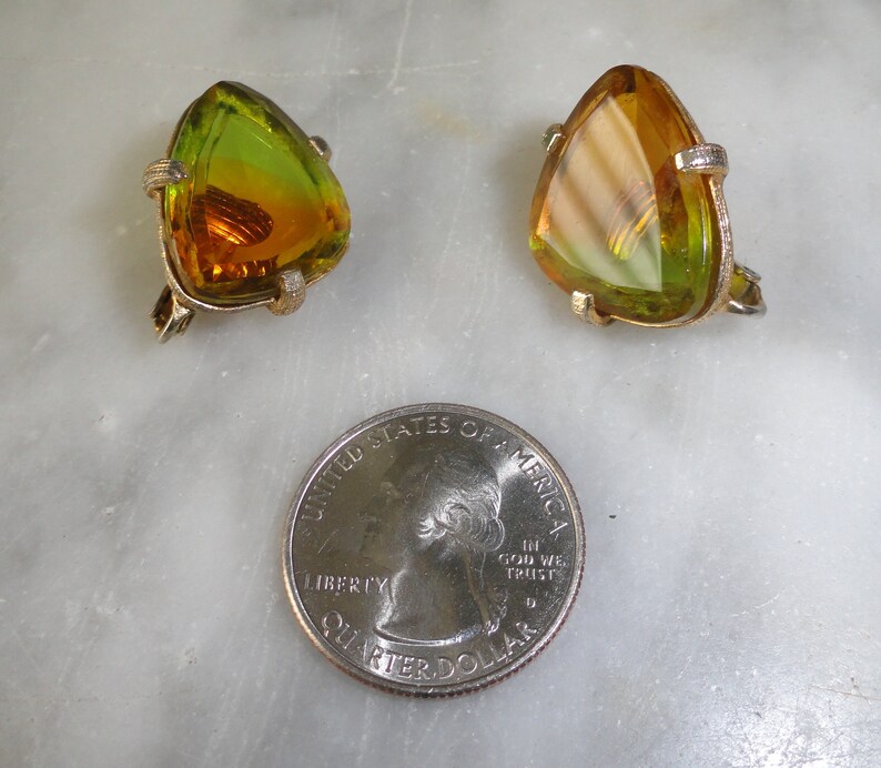 Vintage Collectible Signed Judy Lee Triangle Orange and Green Stone Clip On Earrings Mod Retro SHIPS FREE Irish Ireland