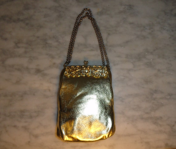 Vintage Gold Metallic Kisslock Scrollwork Handbag… - image 1