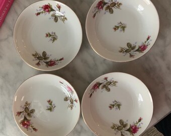 Set de 4 Vintage Rose Dessert Dishes de Crown China Japan Gold Trim