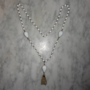 Vintage White Beaded Balloon Tassel Convertible Necklace and Bracelet with Gold Tone Tassel