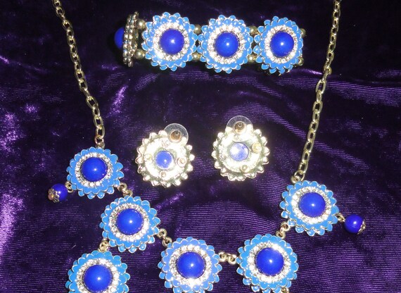 Unique Enamel Blue Coin Rhinestone Bib Jewelry Se… - image 4