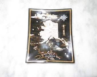Vintage Alaska Mapa ahumado vidrio recuerdo cenicero anillo plato Kitsch BARCOS GRATIS