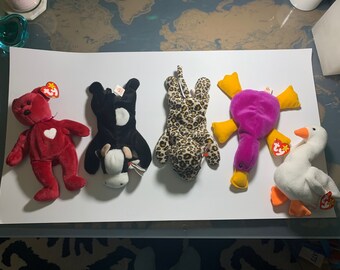 Lot of Five Vintage TY Beanie Babies 1990’s Collectible Stuffed Animal Toys Retro