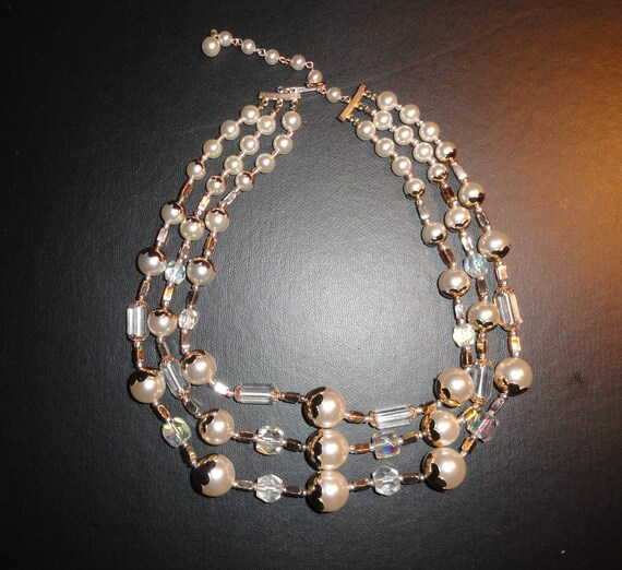 Classic Crystal Ivory Pearl Bead Corsage Cuff Bracelet 3 Rows Bridal Wedding