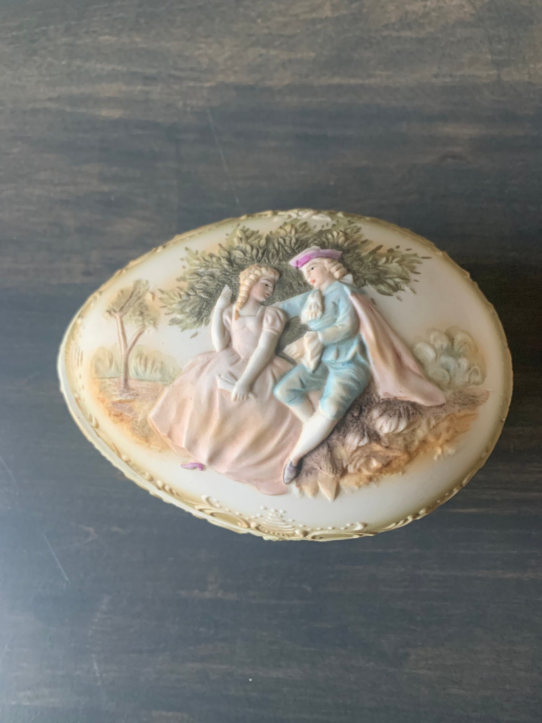 Vintage Bisque Porcelain Egg Box Courting Couple Victorian Romance