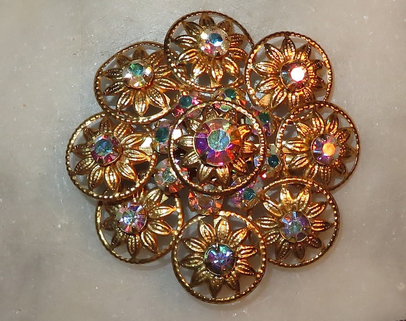 Beautiful Vintage Aurora Borealis Crystal Brooch Pin Flower Brooch Bouquet SHIPS FREE Something Old