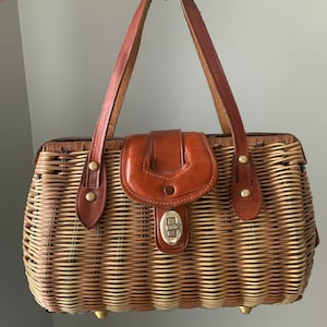 Vintage Wicker and Leather Encore Handbag Retro Purse Boho Chic Pocketbook Tan Brown Cognac