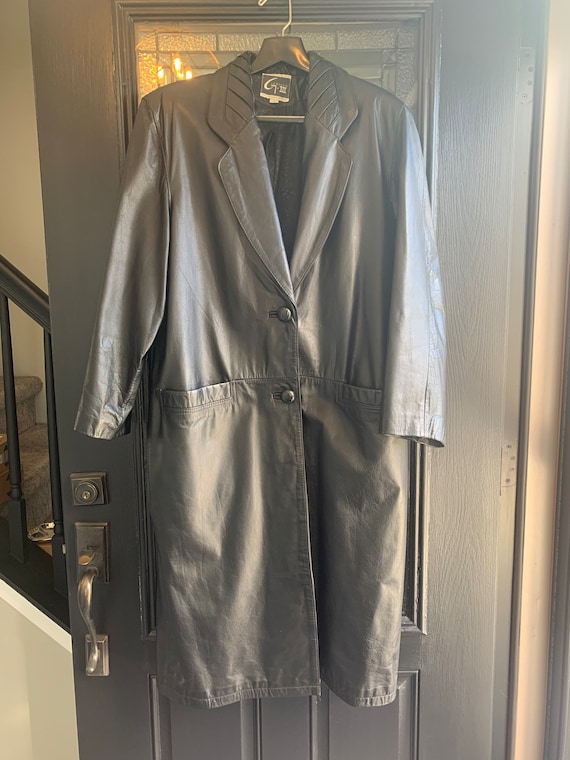 Vintage Black Leather Womens Trench Coat Retro GII