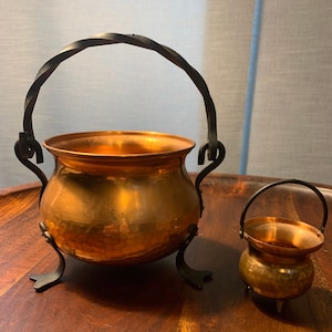 Set of 2 Vintage Hammered Copper and Cast Iron Cauldron Pots Planter Succulent Plant Holder