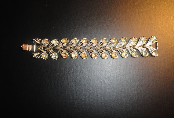 Rare Vintage Signed Coro Rhinestone Horn or Leaf Bracelet