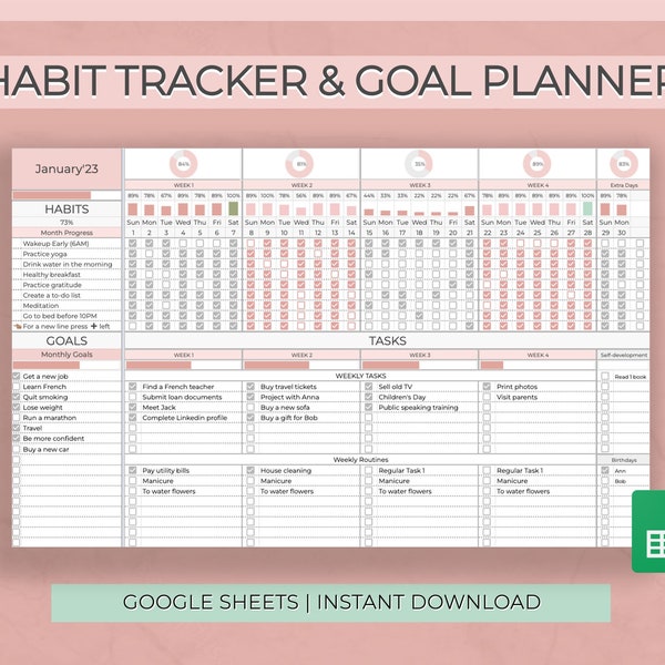 Habit Tracker Monthly Planner for Google Sheets, Yearly Goals Spreadsheet Daily Weekly Excel Goal Tracker Digital Goal Planner