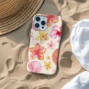 Hibiskus Floral Handyhülle, süße Sommerästhetik für iPhone 16 15 14 13 12 11, trendiges Pastell-Muschel-Design.