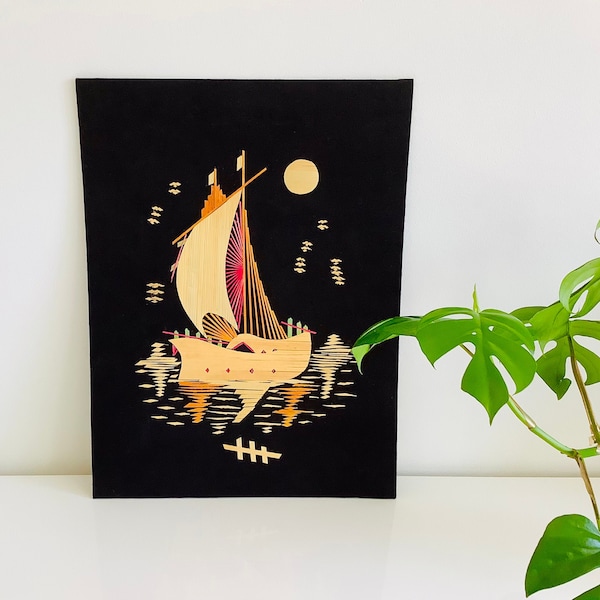 Vintage rice straw art  / Hand made Asian style junk boat picture / Bohemian wall art / dyed rattan straw collage glued on cloth and board