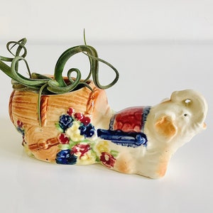 Vintage Ceramic Elephant Planter / Small Kitschy Plant Pot /  1950s Elephant and Cart Planter / Unique Air Plant Holder