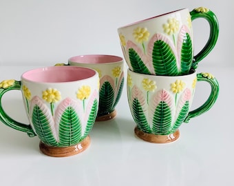Flower Tea Mugs Homeway Classic White with Green Flower Mugs Vintage Style Stoneware Mugs 300ml Set of 2,Flower Coffee Mugs