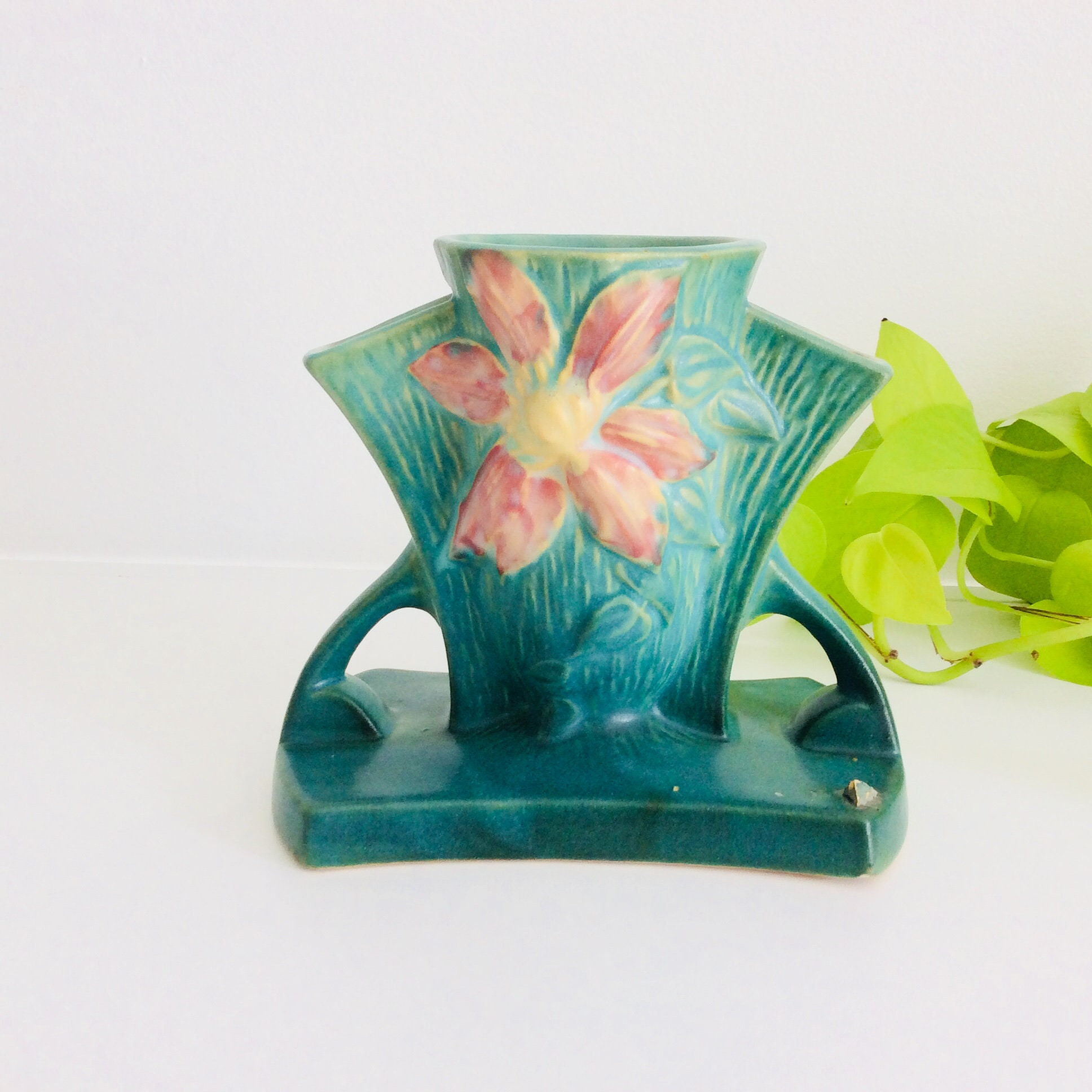 Roseville Clematis Vase / Vintage Bud Vase / Triple Bud Vase / Etsy