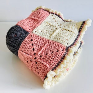 Vintage Hand Knit Baby Blanket / Handmade Pink Grey Cream Granny Square Pattern Small Throw
