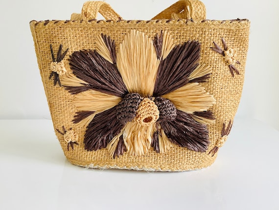 Vintage Raffia Straw and Jute Shoulder Bag / Boho… - image 2