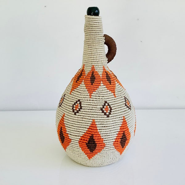Extra Large Vintage Cord Wrapped Wine Bottle / Rope Coil Wrapped Beige Orange Brown Decorative Demijohn / 1970s Almaden Wine Jug with Handle