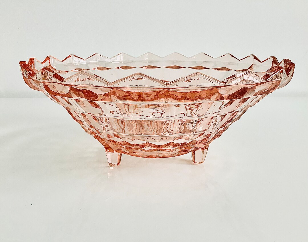 Vintage Pink Depression Glass Cubist Fruit Bowl / Large Footed Etsy