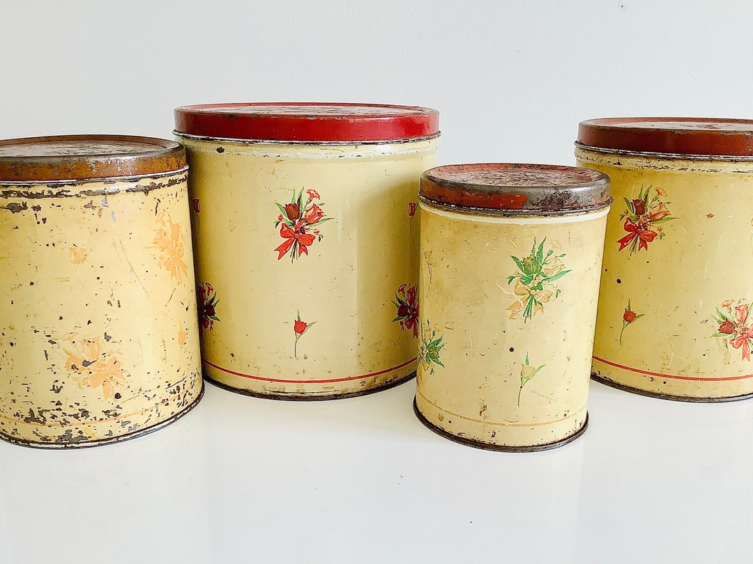 Vintage Set of 4 Tin Kitchen Canisters / National Can Corp New Etsy