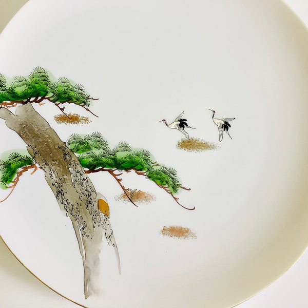 Vintage Hand Painted Nishikawa Plate / Japanese Black Pine Tree and Cranes in Flight Decorative Ceramic Plate / Made in Japan