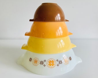 Complete Set of 4 Town and Country Pyrex Cinderella Nesting Bowls - 440 Series / Orange Yellow Brown and White Vintage Pyrex 1960s