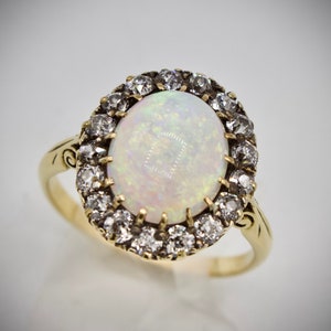 Antique 18K Diamond Halo Opal Victorian Edwardian Era Ring | Old Mine Cut Diamond and Oval Opal Cabochon Alternative Engagement Ring 1920s