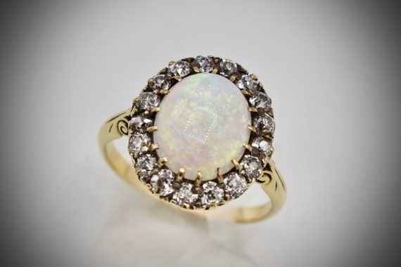 Antique 18K Diamond Halo Opal Victorian Edwardian… - image 1