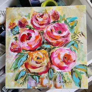 Original floral acrylic painting on canvas board, colorful, impressionist style, abstract roses.