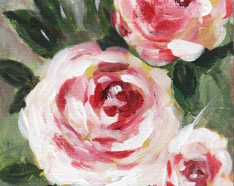 Pink roses abstract acrylic  painting on canvas board 5x7 inches room decor