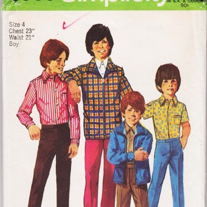 May include: A vintage sewing pattern for boys' clothing. The pattern includes four different styles of shirts and pants. The pattern is for size 4, with a 23 inch chest and 21 inch waist.