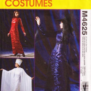 May include: McCall's Costumes sewing pattern M4625 for three different costumes. The pattern includes a red dress, a white dress with a headpiece, and a purple dress with a witch's hat.