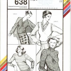 Puede incluir: Un patrón de costura para cuatro diferentes suéteres. El patrón se llama "Stretch & Sew" y el número es 638. El patrón está diseñado para tejidos de punto e incluye tallas de busto de 71 a 112 cm.