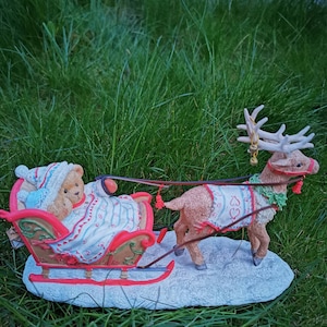 Cherished Teddies Christmas Decor, Two Teddies Bear in Sledge with a Reindeer
