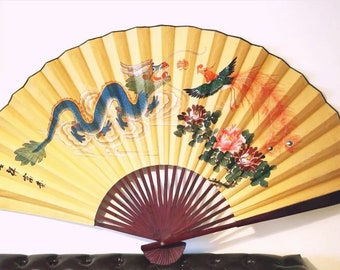 vintage large wall hung floral Chinese fan dragon  phoenix  and flowers design.