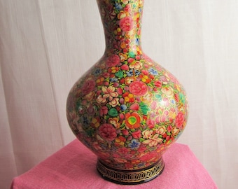 Flower Vase Vintage Kashmir Paper Mache Lacquered Décor Handmade Overall Floral Pattern over  Brass